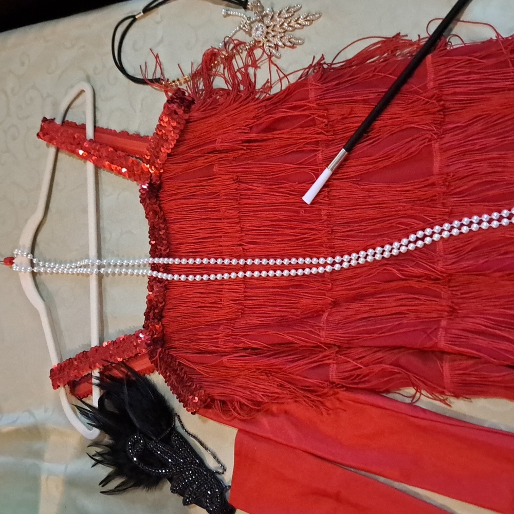 RED Flapper Dress Set With Handmade Head Piece And Faux Pearl Necklace